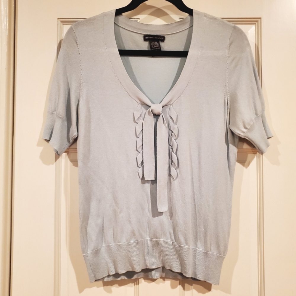 New York & Co Blue Knit Tie Front Top Small
